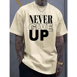 Men's Short-Sleeve Cotton Fabric T-Shirt - "Never Give Up" Bold Red Black Letter Print, Hem Detail, Casual Summer Outdoor, Christmas Menswear, Soft Comfortable, Machine Washable Perfect Gift For Men