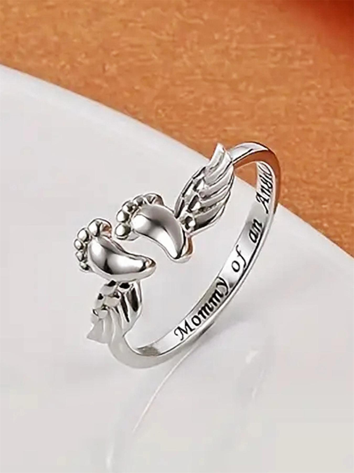 Mother's Day Gift Letter & Wing Design Cuff Ring, Commemorative Ring, Fashionable Jewelry for Women, Elegant All-match Fashion Accessories for Daily Wear