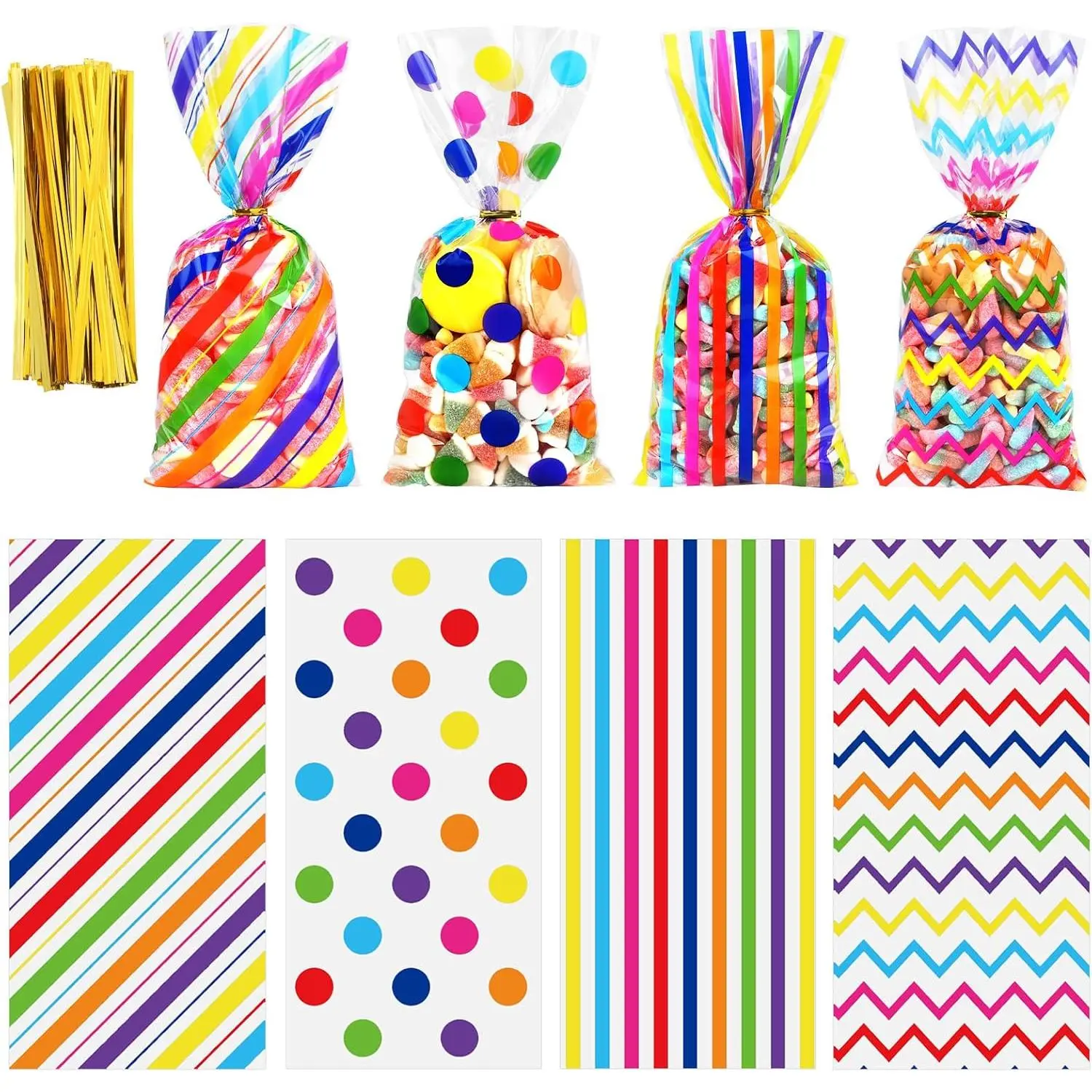 100 Pack Rainbow Cellophane Bags 10.6 x 5.1 Inch Plastic Candy Bags  Bags Goodie Bags with Twist Ties for Valentine, Birthday,  Cookie Snack Packing Party Favor Supplies
