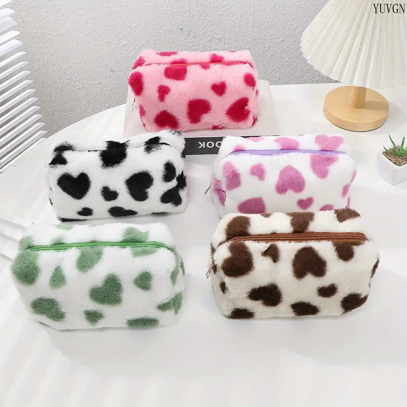 Heart Print Fluffy Plush Storage Pouch, Cute Zipper Plush Pencil Case, Large Capacity Portable Makeup Bag, Soft Love Pattern Organizer for Teen Girls Students Dorm Travel Desk Decor