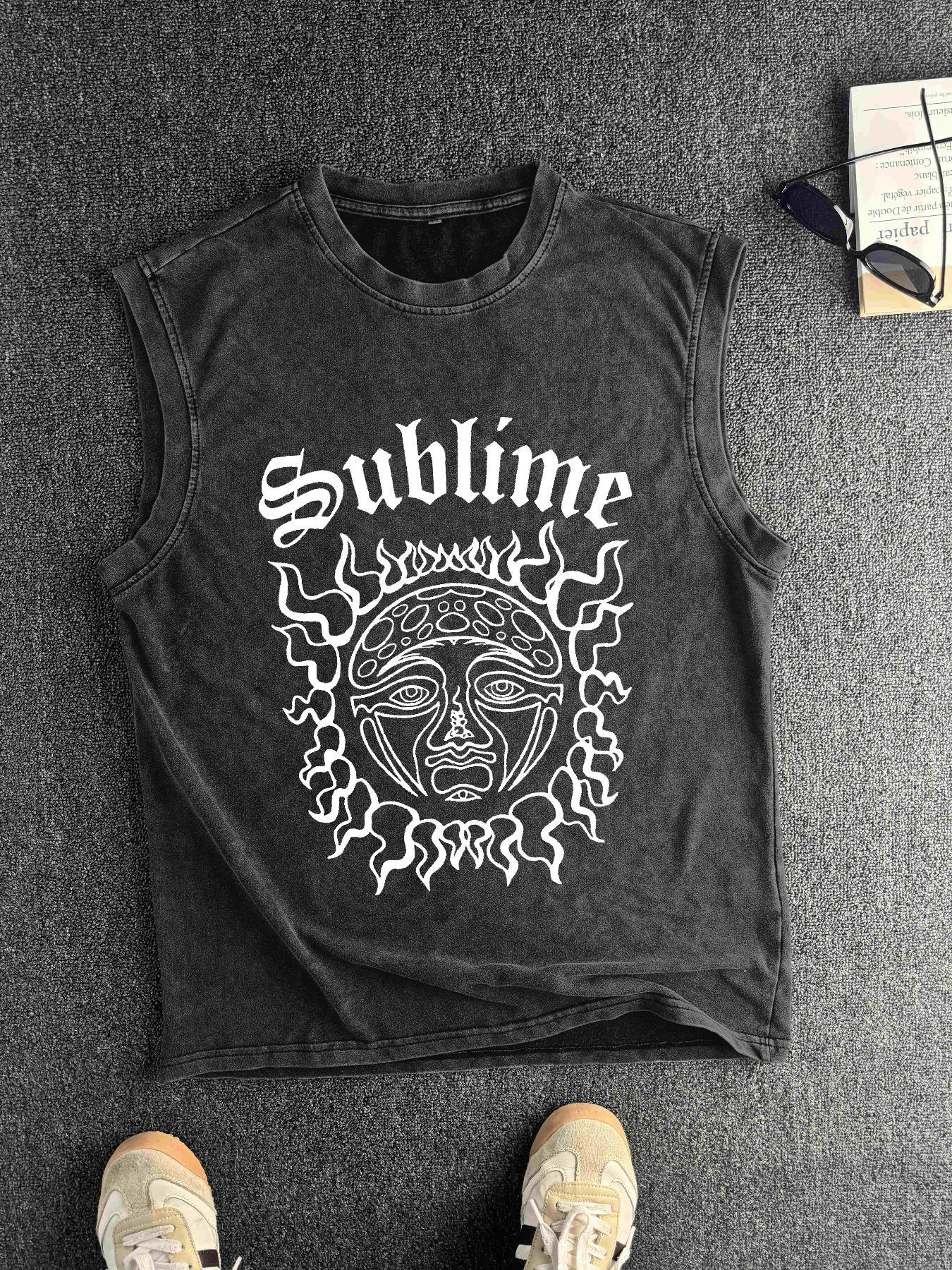 Men's Sun & Letter Print Round Neck Tank Top, Regular Fit Casual Fashion Sleeveless Top for Summer, Men's Clothes for Daily Wear, Athletic Tank Tops, Socks