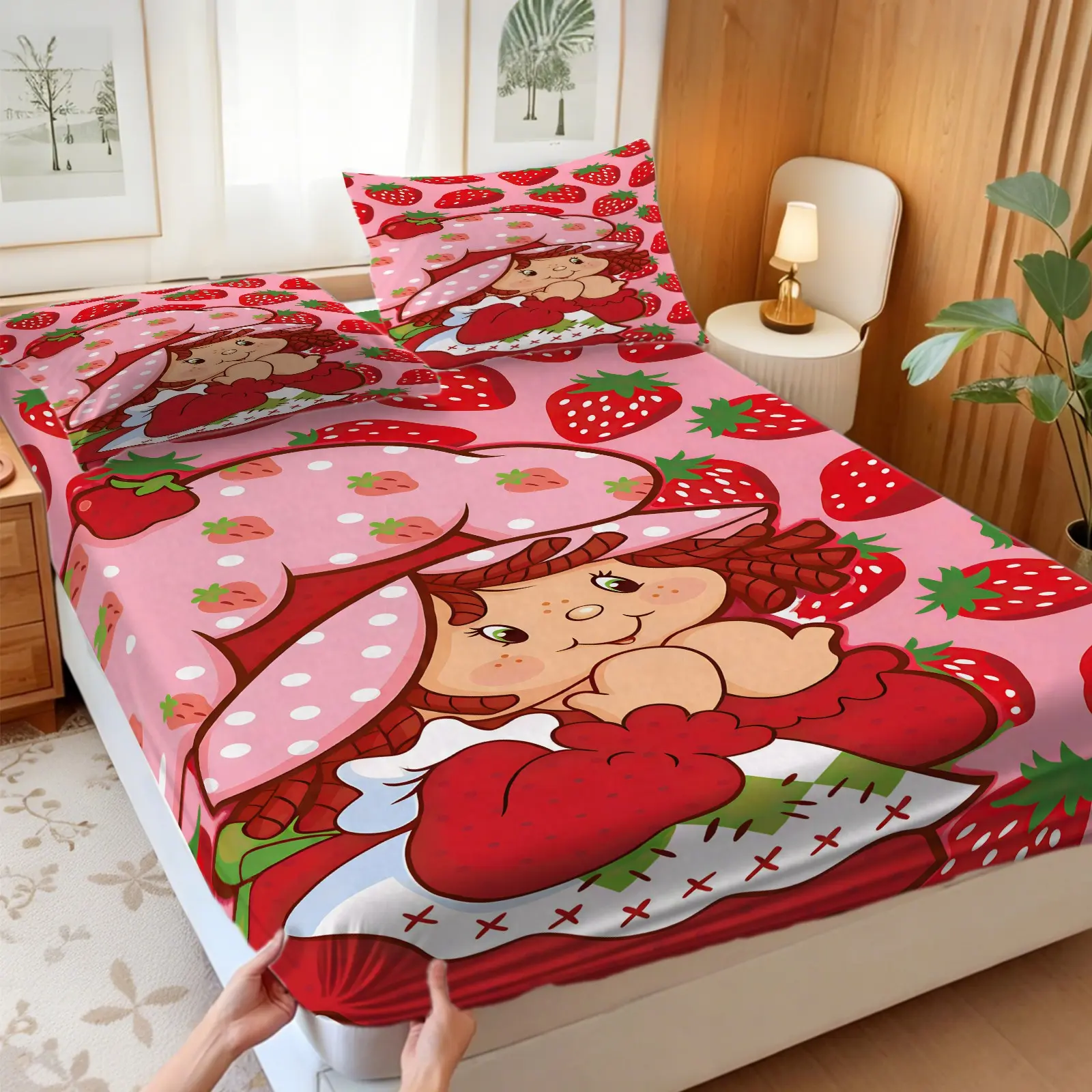 3Pcs Strawberry Shortcake Cute Cartoon Print Fitted Sheet Set, Soft Bedding Set, Stylish Bed Sheet Set, Bedsheets Set, No Fillers, Creates Sweet Lovely Bedroom Vibe, Ideal Room Decor for Bedroom, Dorm & Apartment, Perfect Gift for Cartoon Lovers