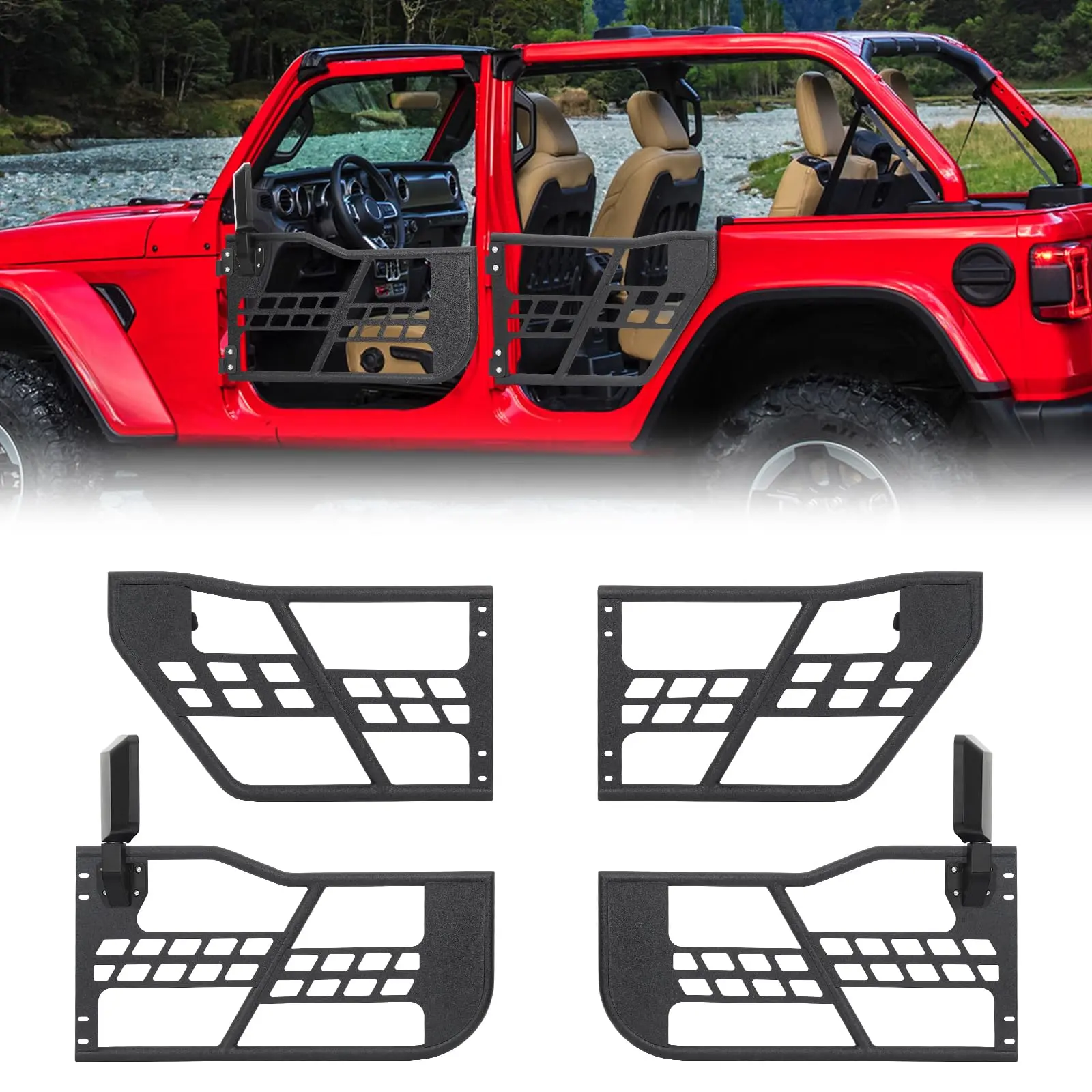 GARVEESafari Tubular Doors for 2007-2018 Jeep Wrangler JK 4-Door, Black Finish, Side Mirror Compatible, Includes 4 Half Tube Doors, Perfect for Trail Adventures, Mirrors Not Included