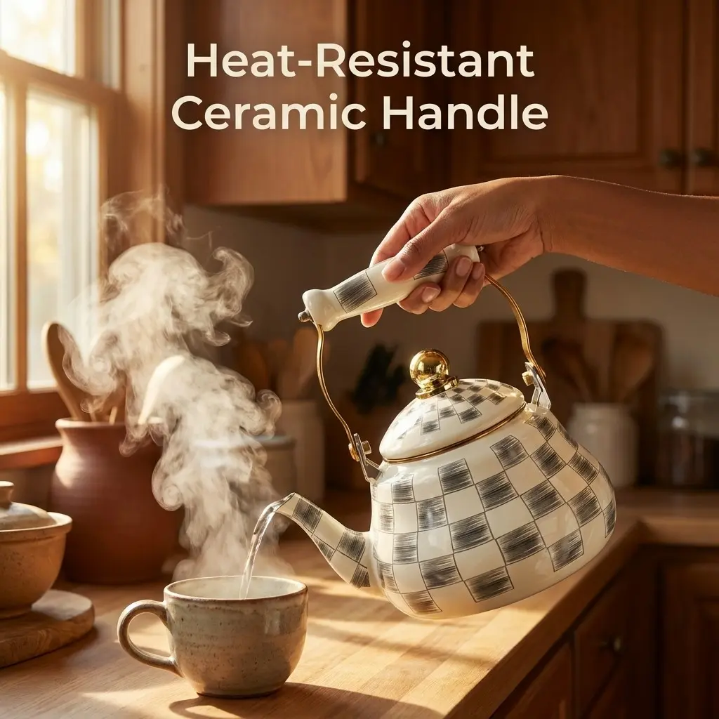 Vintage Enamel Teapot, 1.5L/2.0L/2.5L, Cream Checkered Design, Heat Resistant Handle, Quick Boil, Gas & Electric Stove Use, Kitchen Decor, Kitchenware