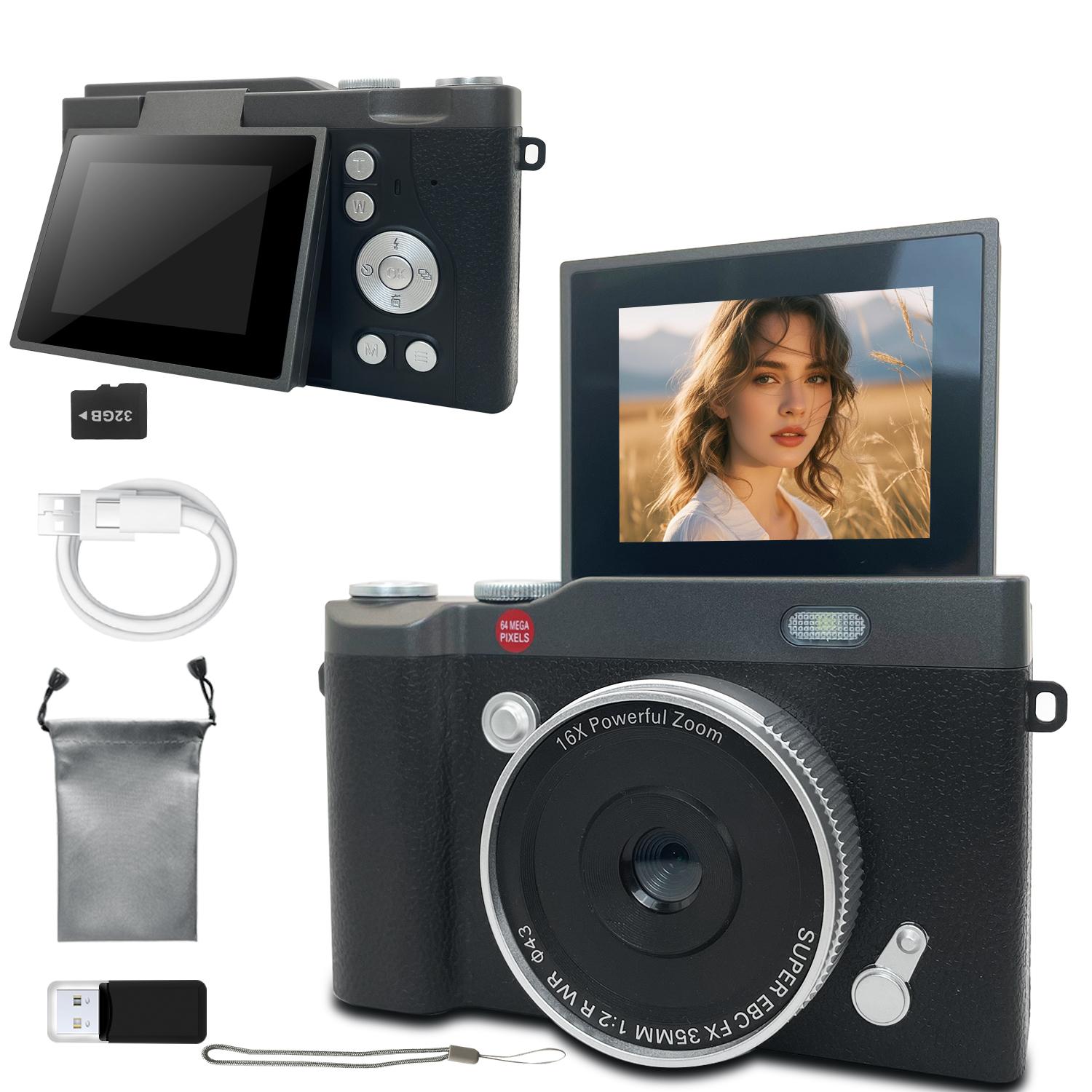 180° Degree Flip Cover, 1080P Pixel Fashion Retro Style, Multiple Filters Included, Comes with Storage Bag & 32GB Memory Card Reader, Electronic Portable Camera