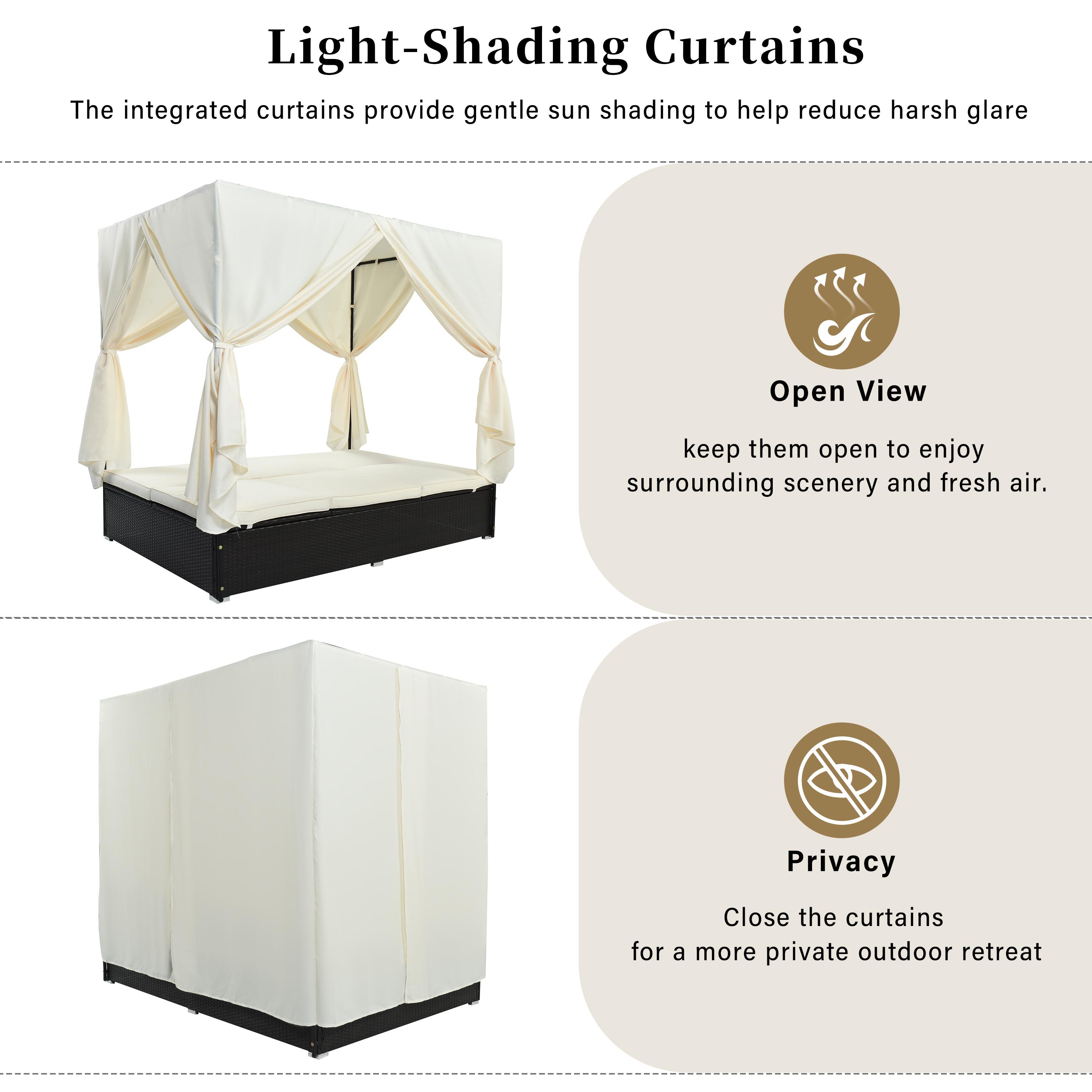 Patio Chaise Lounge, PE Rattan Outdoor Patio Wicker Sunbed Daybed with Adjustable Seats, Four-sided Canopy, Overhead Curtain and Beige Cushions for Backyard, Garden, Poolside (for 2-6 people)