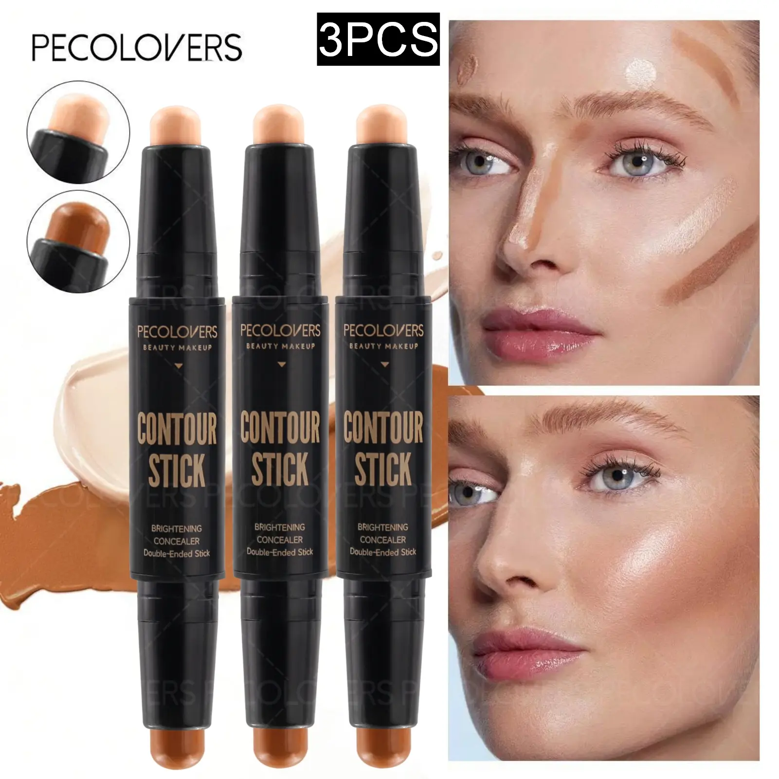 3pcs Dual-Ended Face Sculpting，Contour Stick，Sweatproof, Facial Brightening 2-in-1 Contour & Highlighter Stick，Matte Finish, Creamy Texture, Easy Blend, Long-Lasting, Bronzer Makeup, Facial Contouring Makeup, Beauty Bronzer