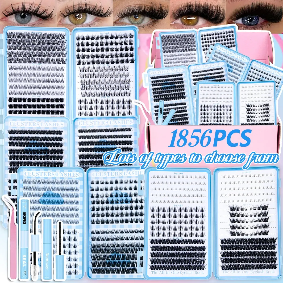 1856pcs Natural Eyelash Extension Kit, DIY Lash Clusters Pack 4 Boxes, Soft Lightweight, Long Lasting 72h, Includes Bond&Seal &Remove&Eyelash Tweezers, Easily DIY Long-Lasting Salon Charm at Home，Perfect for Beginners