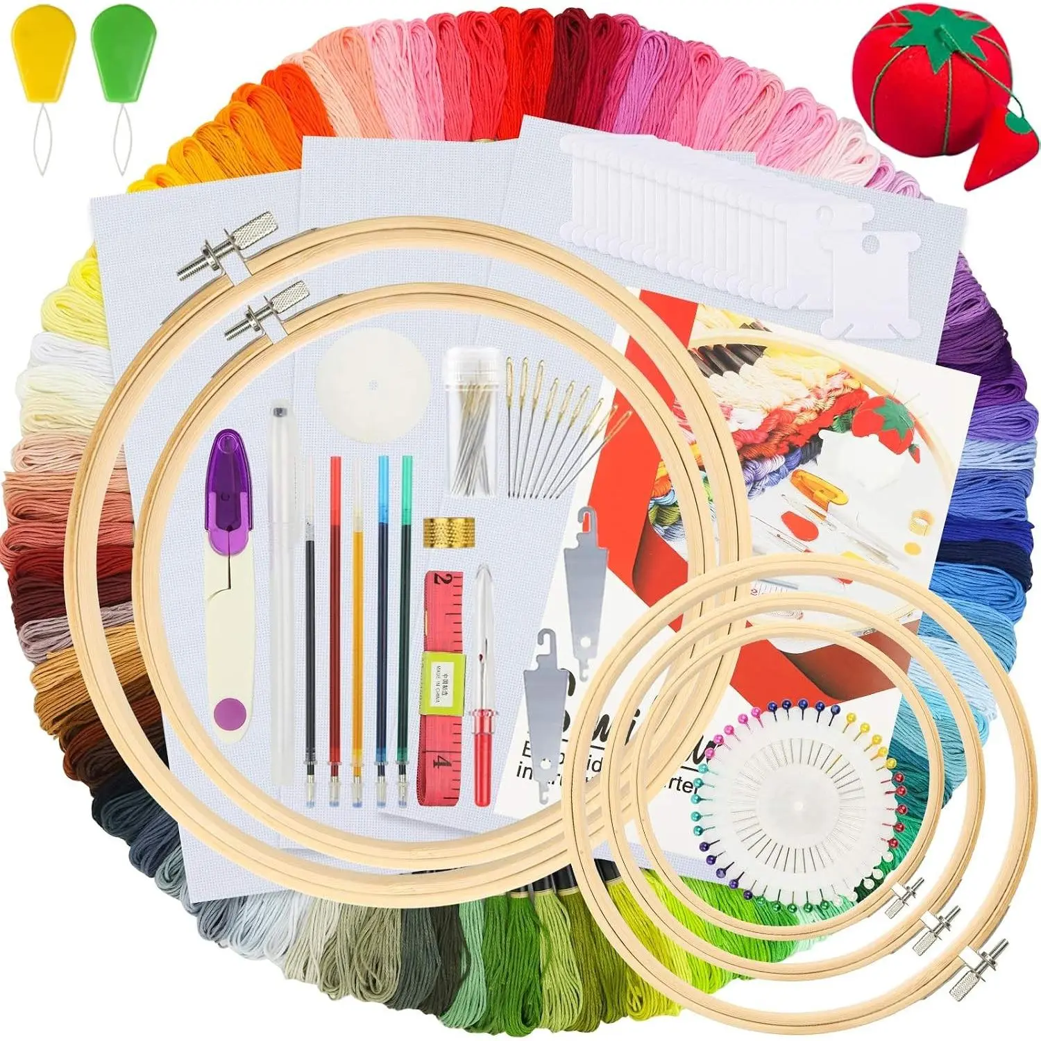 Embroidery Kit 215 Pcs,100 Colors Threads,5 Pcs Embroidery Hoops,3 Pcs Aida Cloth,40 Sewing Pins,Cross Stitch Tools and Embroidery Starter Kit for Adults Beginners