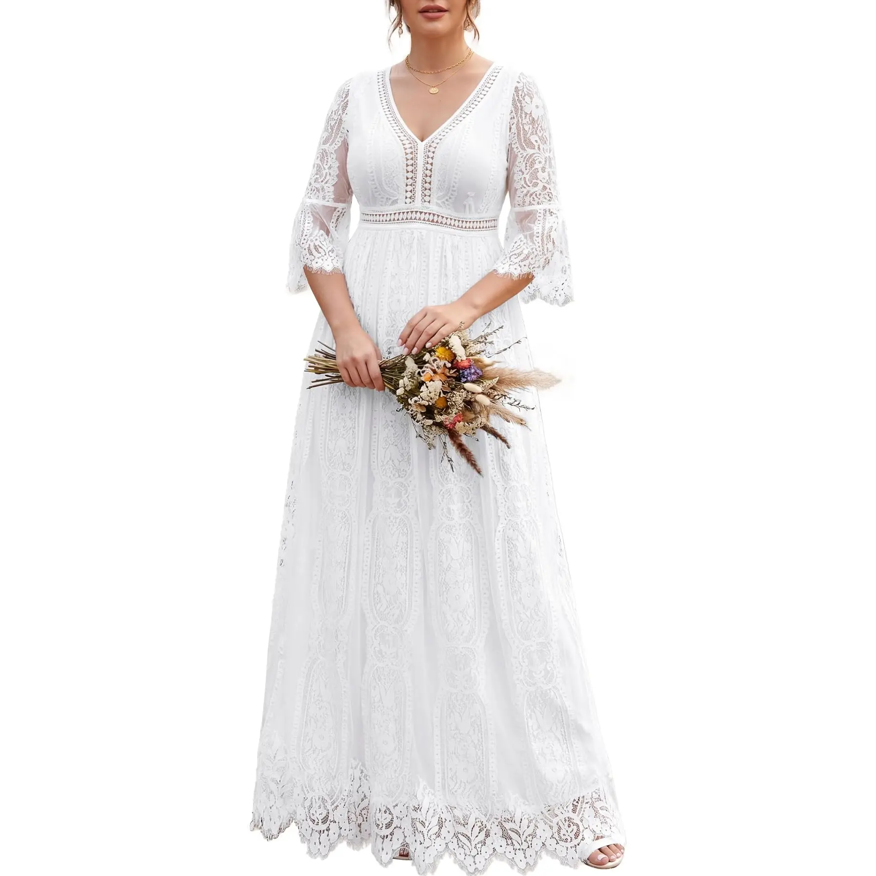 Pinup Fashion Women's Plus Size Boho Maxi Floral Lace Bohemian Wedding Dress V Neck Flowy Long Party Dresses