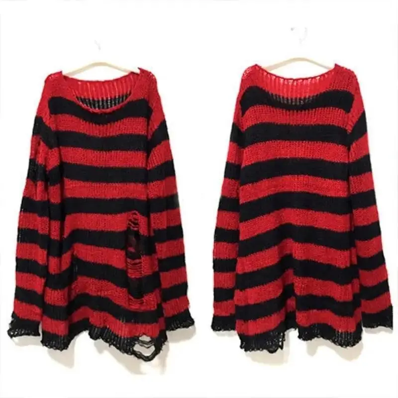 New Style Goth Punk Gothic Oversized Sweater Striped Cool Hollow Out Broken Hole Jumper Harajuku Aesthetics