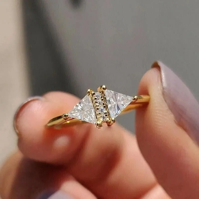 Cute Look Triangle Ring for Women, Gold-Tone Brass Metal with Zircon Stones, Casual Wear Fashion Jewelry, Sizes 6-10, Avoid Moisture