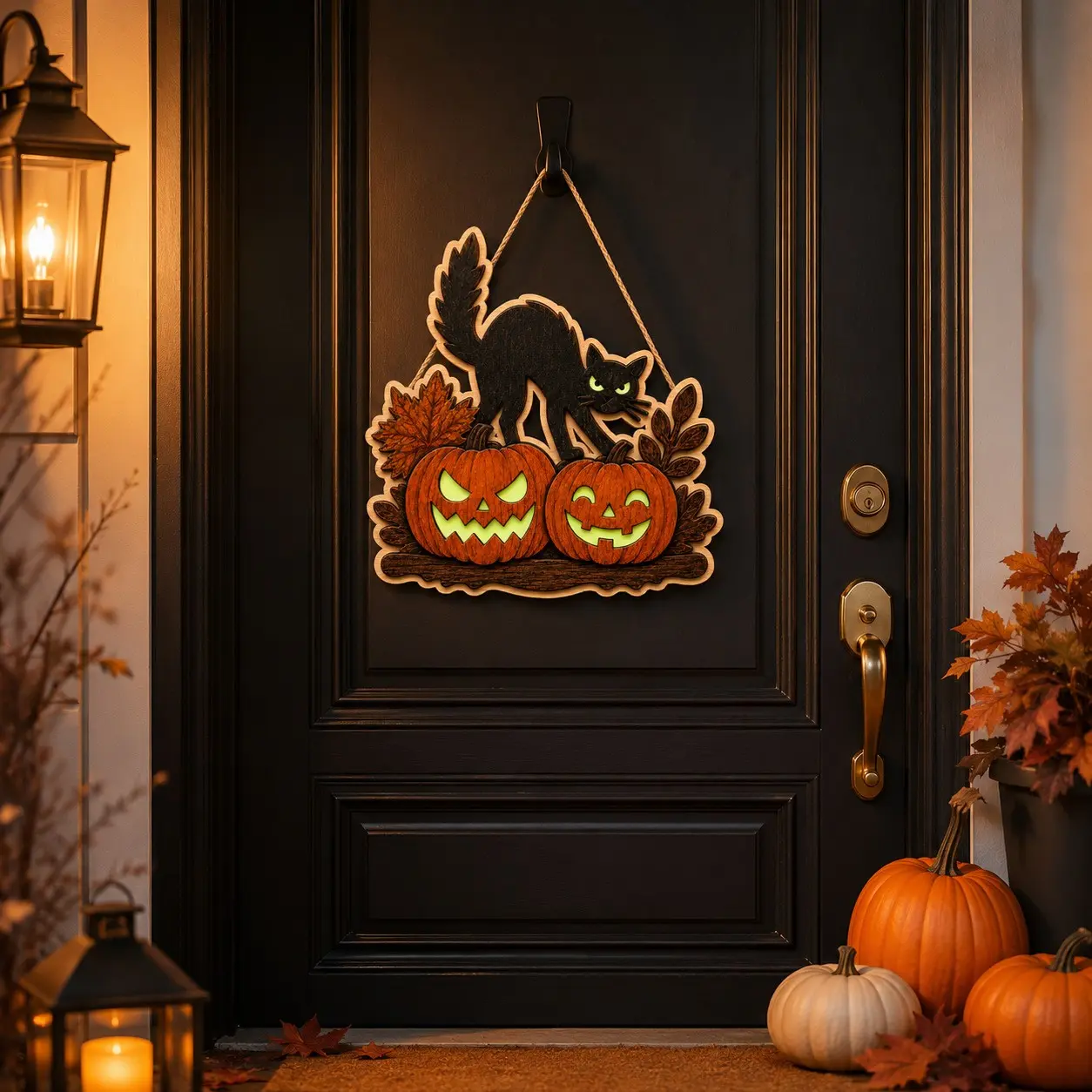8.3x9.8 Inch Glowing Halloween Door Sign, Featuring Glow-In-The-Dark Cat Eye and Pumpkin, Perfect Front Door Decoration for Festive Season
