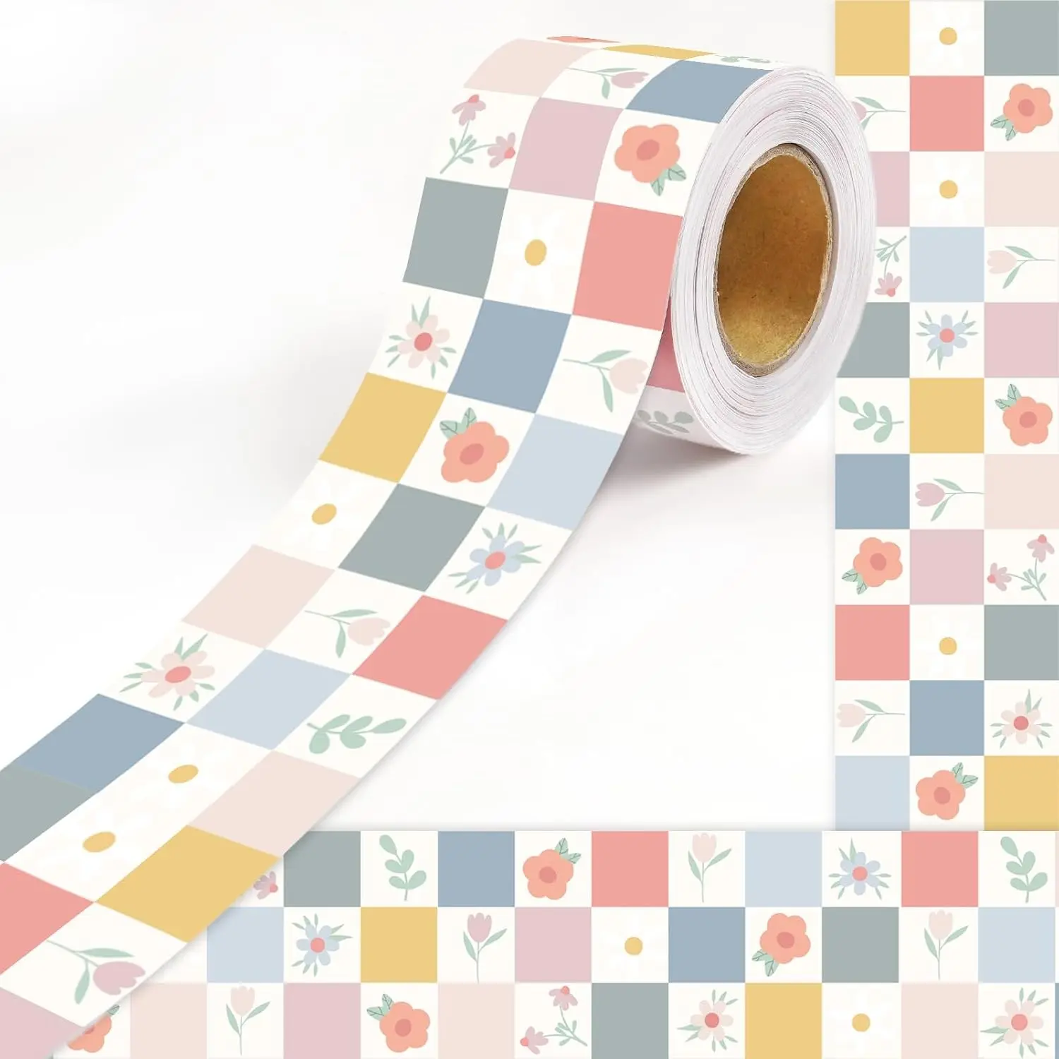 50 Feet Boho Bulletin Board Border Pastel Classroom Decor, Rainbow Checkered Floral Rolled Border Trim for Back to School Bulletin Board Whiteboard Classroom Door Wall Decorations
