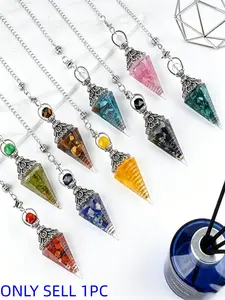 1pc Natural crystal chip crushed stone antique silver flower base spiritual pendulum pendant, meditation chakra balance energy resin spiritual healing crystal divination pendulum, Tarot card magic and witch yoga spiritual aura decoration accessory
