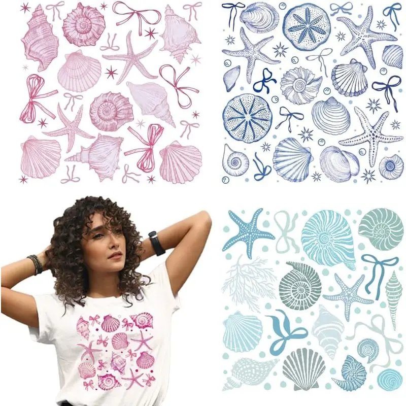 arricraft 4 Sheets Marine Life Theme Iron on Stickers, Shells and Bowknot Print Transfer Stickers Decals for DIY T-Shirt Jeans Backpacks Families Clothing Hat Decoration Applique