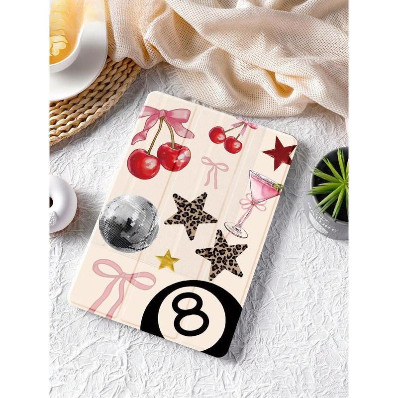 Leopard Print & Cherry Bow Pattern Tablet Case for IPad 10.2-Inch, IPad Pro 2021/2020, IPad 9th/10th Gen, Galaxy Tab A8 10.5-Inch 2022, Matepad 10.4/Tab, Mi Pad, Anti-Drop, Pen Slot, Sleep/Wake Function, PU Leather, Multicolor