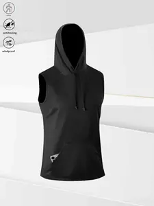 A men's sleeveless hoodie with a simple sporty design, featuring a hood for added casualness. The large front pocket conveniently holds small items like phones, and the drawstring adjusts the hood circumference to fit snugly around the head. Made with lig