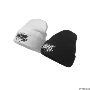 Solid Color Embroidered Gothic Punk Knit Beanie Soft Warm Acrylic Yarn Adjustable Foldable Cuff Stretch Fit Unisex For Men Women Autumn Winter Ski Outdoor Street Windproof Portable Cold Weather Thermal Headwear