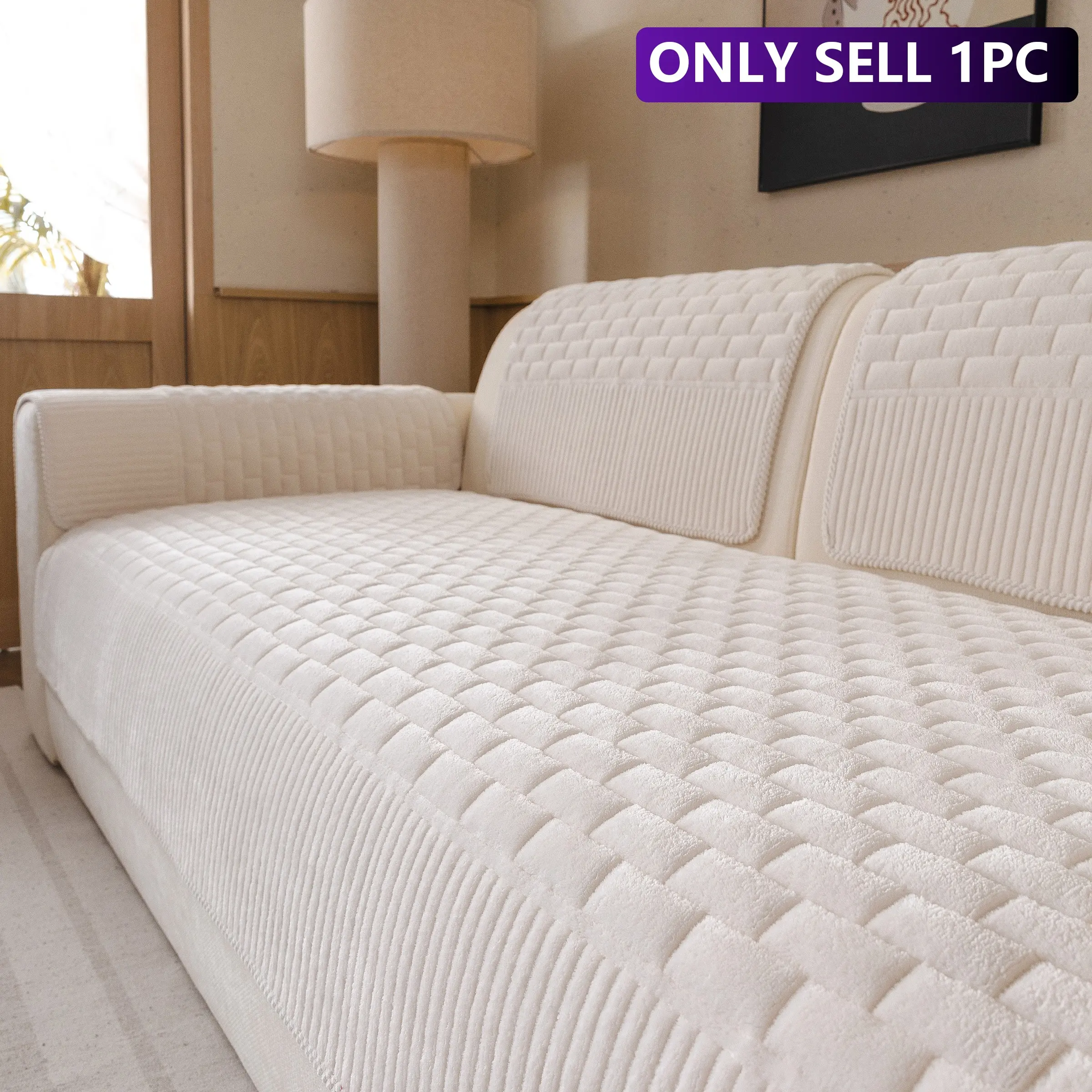 1pc Solid Color Quilted Sofa Pad, Cream Wabi-Kusa Texture Plush Sofa Cushion, Pet Scratch-Resistant, Fits Straight and L-Shaped Sofas
