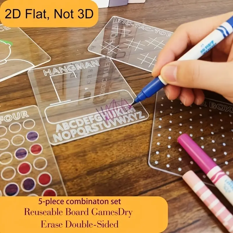 5-Piece Portable 2D Travel Game Set, Reusable Acrylic Board Games, Classic Long-Distance Activities, Erasable Tabletop Games