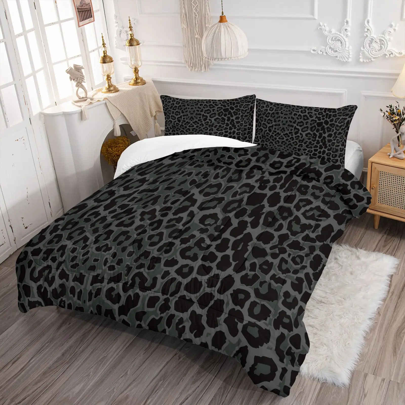 Dark Grey Leopard Print Comforter Set 2/3Pcs, Vintage Black Leopard Fur Pattern Bedding Set--1 Comforter + 1/2 Pillowcases, U-Shaped Quilted Soft Quilt Insert for Bedroom Dorm Modern Home Decor Housewarming Gift