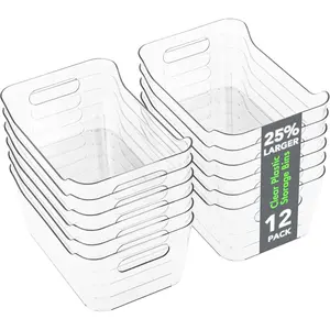 12 Pack Plastic Storage Bins, Multi-Use Organizer Bins, Pantry Organizer, Clear Storage Containers for Home, Kitchen, Office, Cabinet, Shelf and Fridge Organization