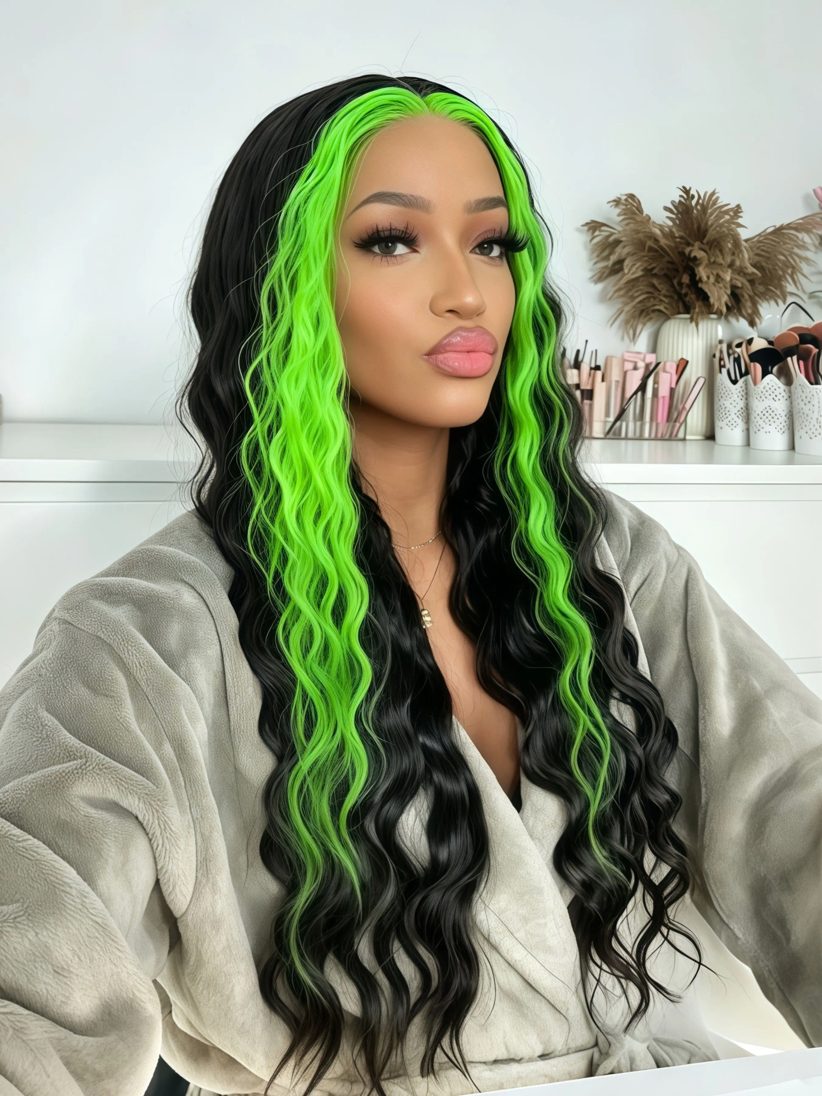 Black and Green Highlights Deep Wave Lace Front Wig , 13x4 HD Transparent Synthetic Lace Frontal Wigs for Women, Two Tone Ombre Long Loose Curly Hair Wig for Photoshoot, Party, Cosplay, Stage Performance 28 Inch