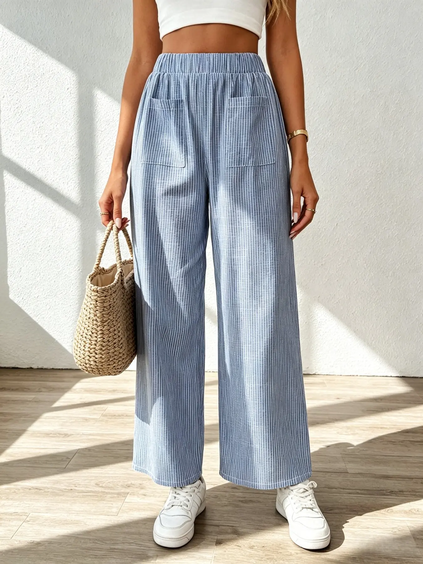 Women Blue Vertical Striped Linen Wide Leg Cropped Pants Elastic High Waist Pocket Casual Beach Trousers Summer Lightweight Striped Ankle Wide Leg Pants Elastic Waist Pockets Loose Daily Vacation Casual Pants