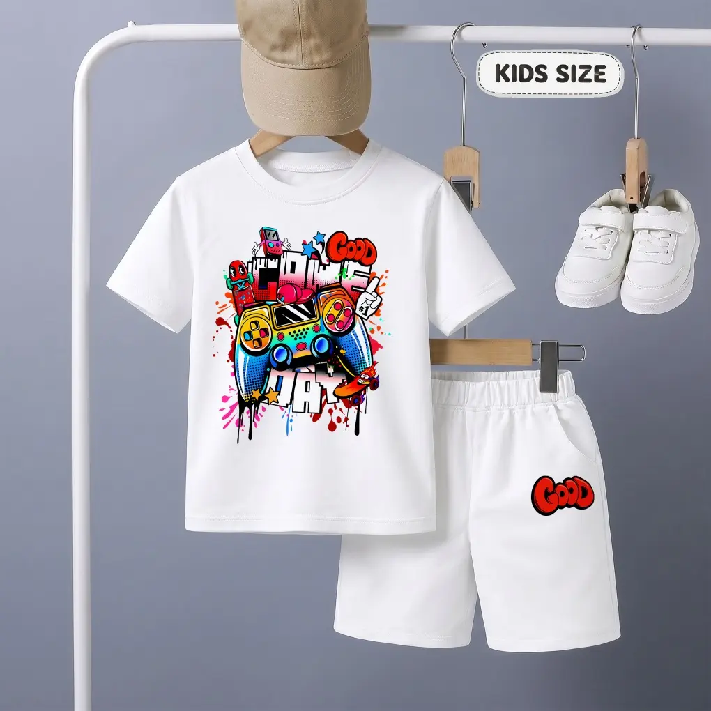Boys’ Breathable Soft Game Printed T-Shirt + Shorts Set, Children’s Size Casual Summer Outfit with Crew Neck & Elastic Waist, for Daily Wear & Kids Outdoor Play, Clothes, Comfortable, Safe Materials,back to school, 2-3Y(100)