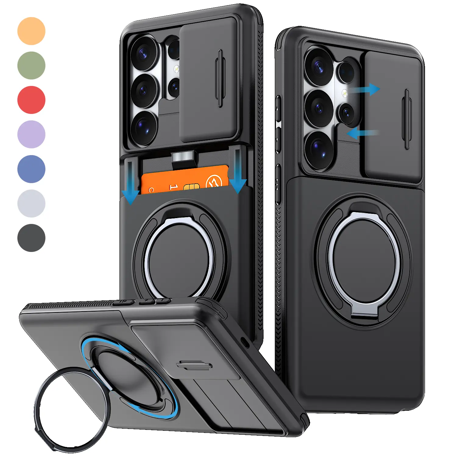 OREKROY For Case Samsung Galaxy S26 Ultra Plus S25 S24 S23 S22 with Slide Camera Cover, 360° Rotating Ring Kickstand, Card Slot Wallet, Dual Layer Shockproof Protective Phone Case