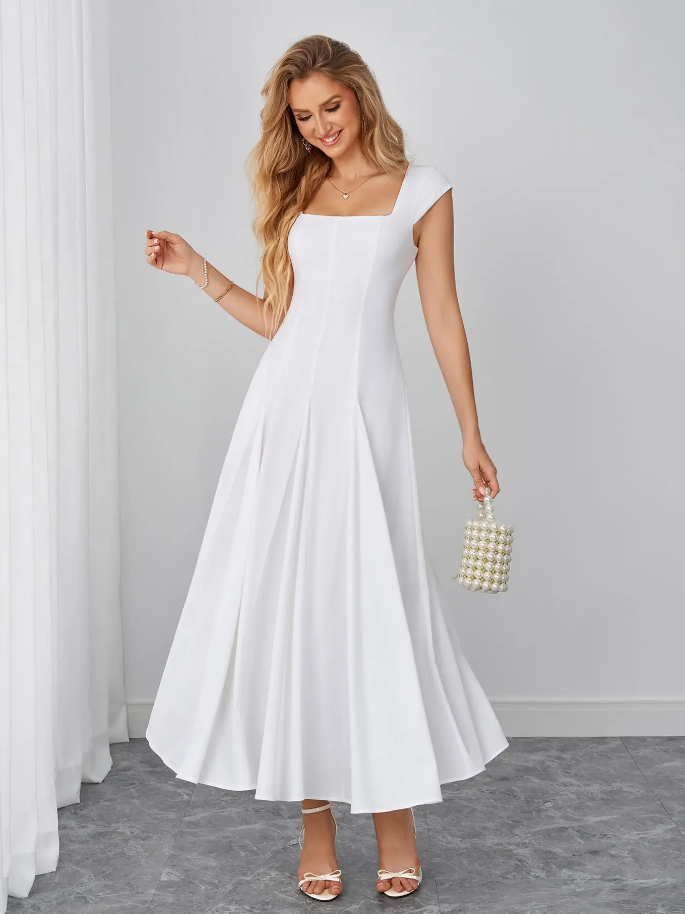 Parthea Square Neck Sleeveless Back V Tie Waist A-Line Dress, Women's Formal Wedding Light Bridal Party Evening Maid Dress