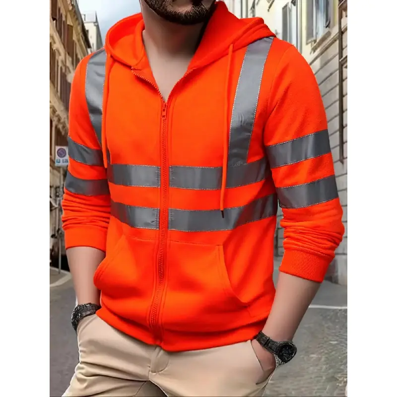 Men's Reflective Zippered Front Hoodie Jacket - Thermal Lined Safety Wear, Water-Resistant Stand Collar Work Sweatshirt for Winter Cycling & Security Jobs