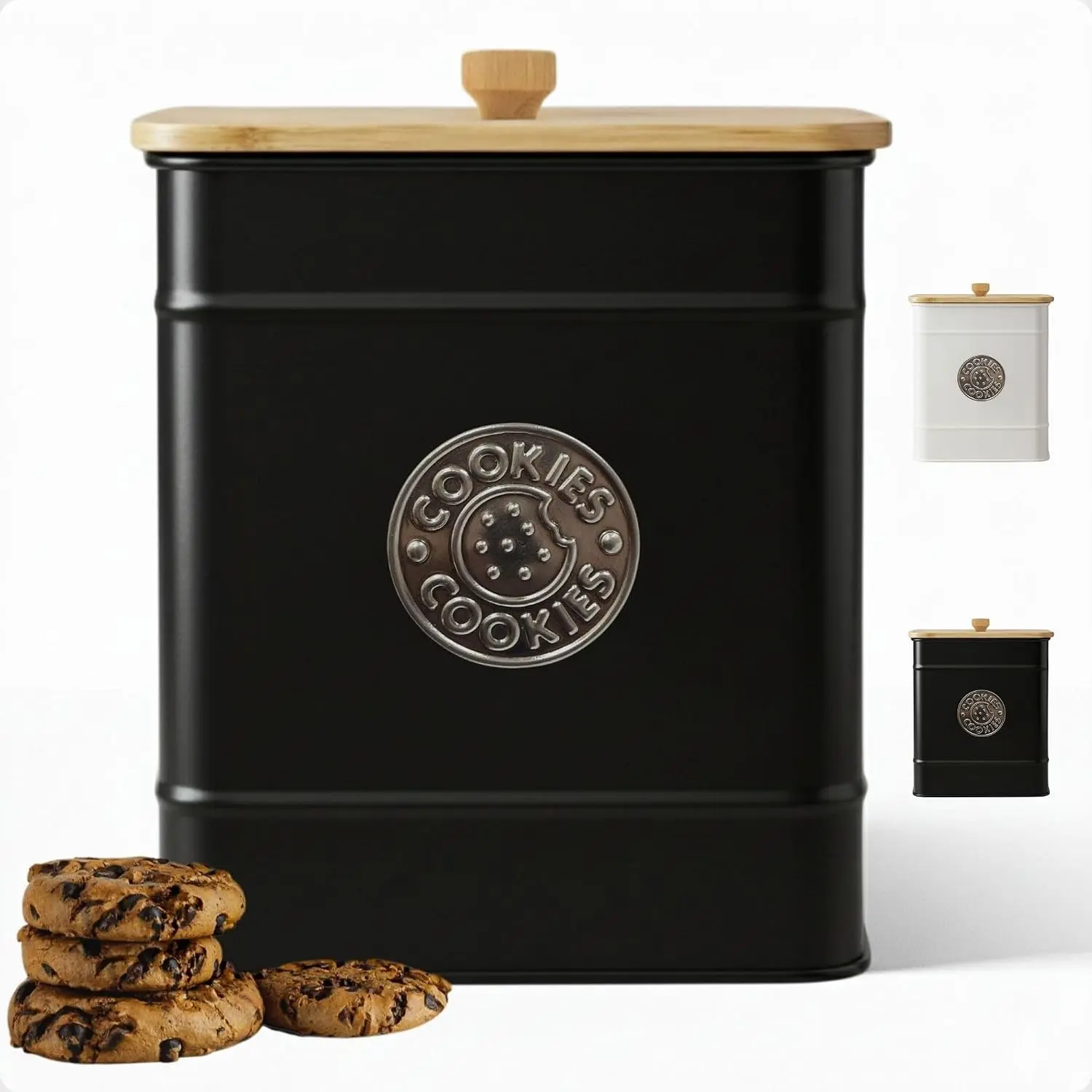 Airtight 1 Gallon (6"D x 8"H) Black Iron Large Cookie Jar with Bamboo Lid Farmhouse Decorative Cookie Jar for Kitchen Counter Cookies Storage