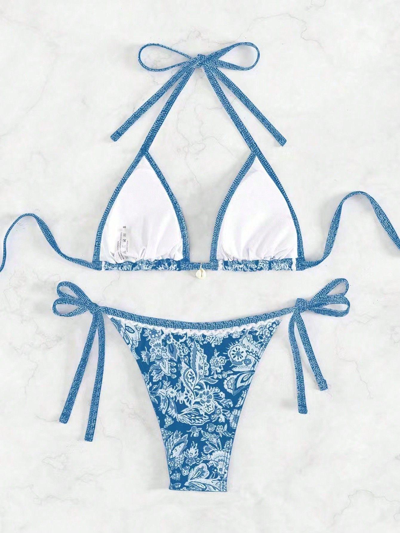 New Bikini Two-Piece Swimsuit Printed Sexy Strap Swimsuit Bikini Set with Adjustable Straps and Floral Pattern