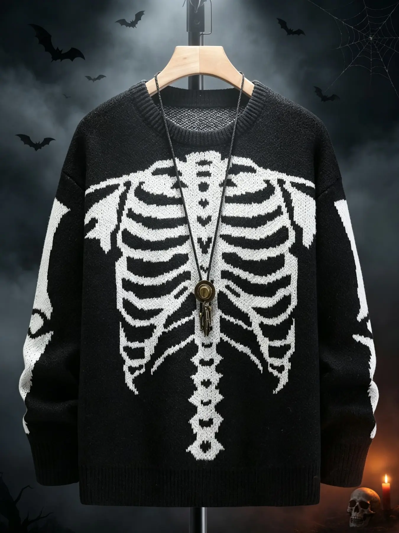 Halloween Skeleton Ribcage Jacquard Knit Sweater, Crew Neck Long‑Sleeve Gothic Pullover, Loose Y2K Streetwear Knitted Top For Fall Winter#HalloweenSweater#SkeletonSweater#GothicFashion#Y2KClothing#KnittedPullover#Streetwear#DarkAesthetic#FallOutfit