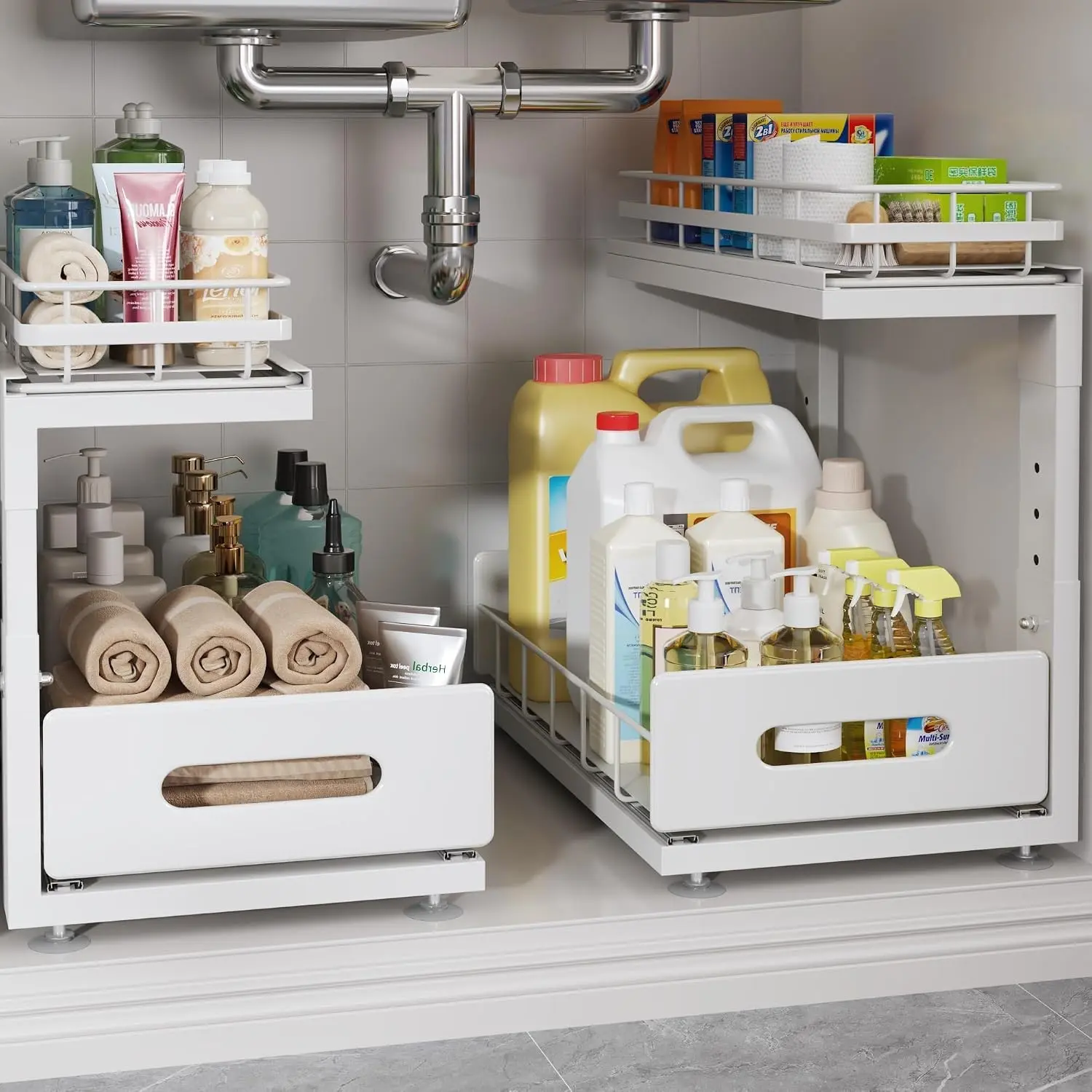 Under Sink Organizer Upgrade To Professional Rails 2-Tier Dual Pull Out Cabinet Storage Height Adjustable Slide Out Drawers For Bathroom Kitchen 2 Pack 14.5" Dx12.8-16.9" H White