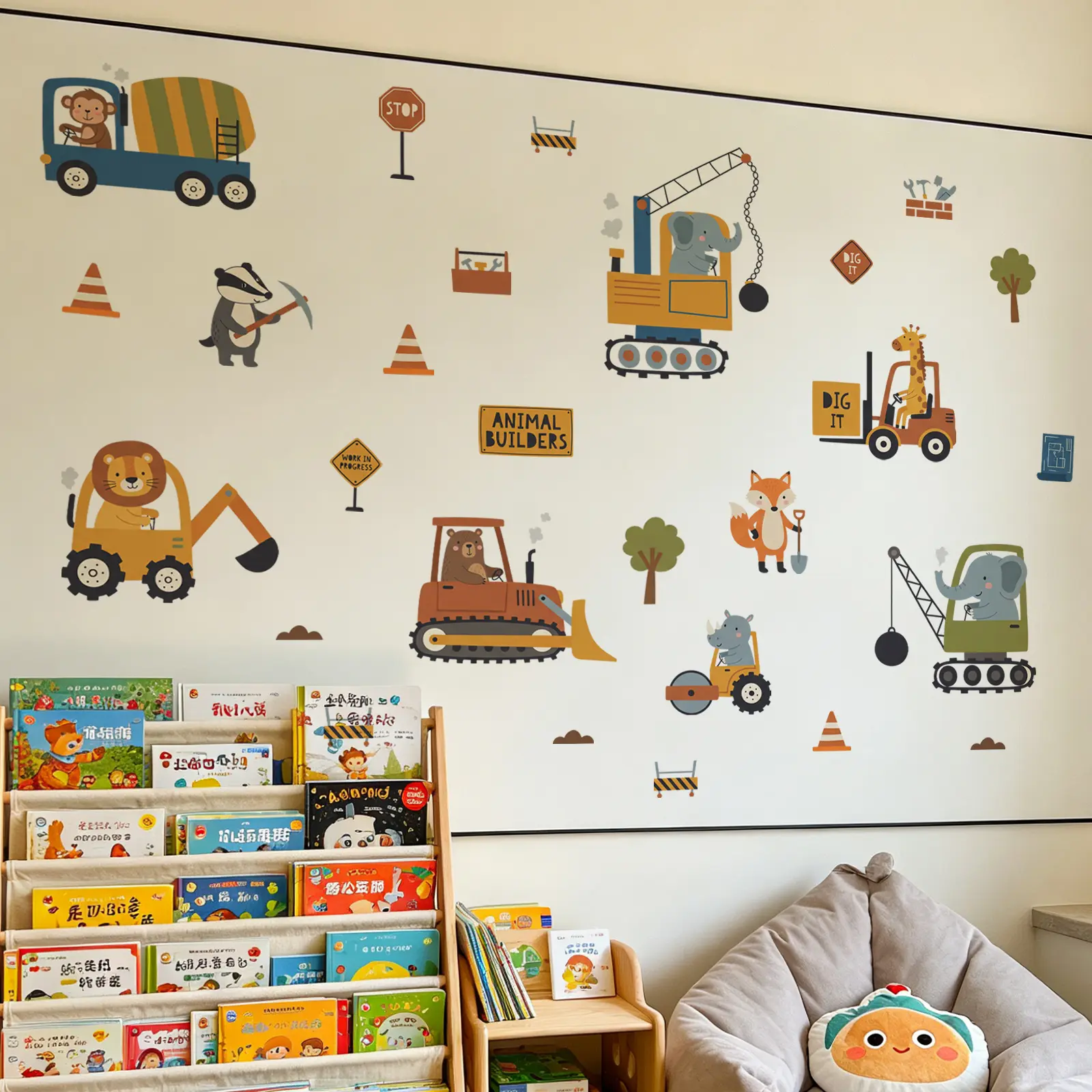 Set of 2 Pcs 30*90cm Cartoon Animal Construction Vehicle Wall Stickers, Excavator Crane Self‑Adhesive Decals for Boys Kids Bedroom Wall Decor