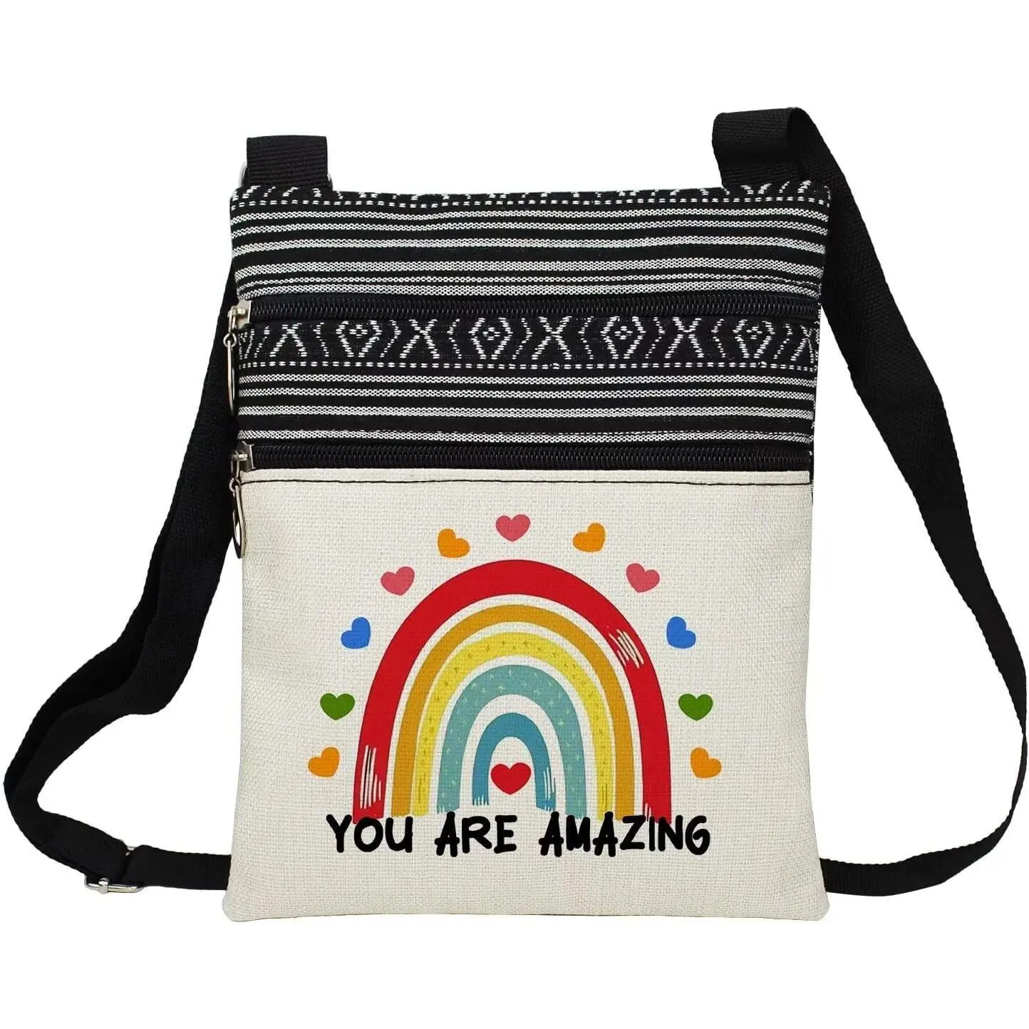 You Are Awesome Messenger Bag Small Ethnic  Printed Adjustable Strap Crossbody Zipper Bag Rainbow Phone Bag Wallet Cute  Handbag Inspirational Present for Women