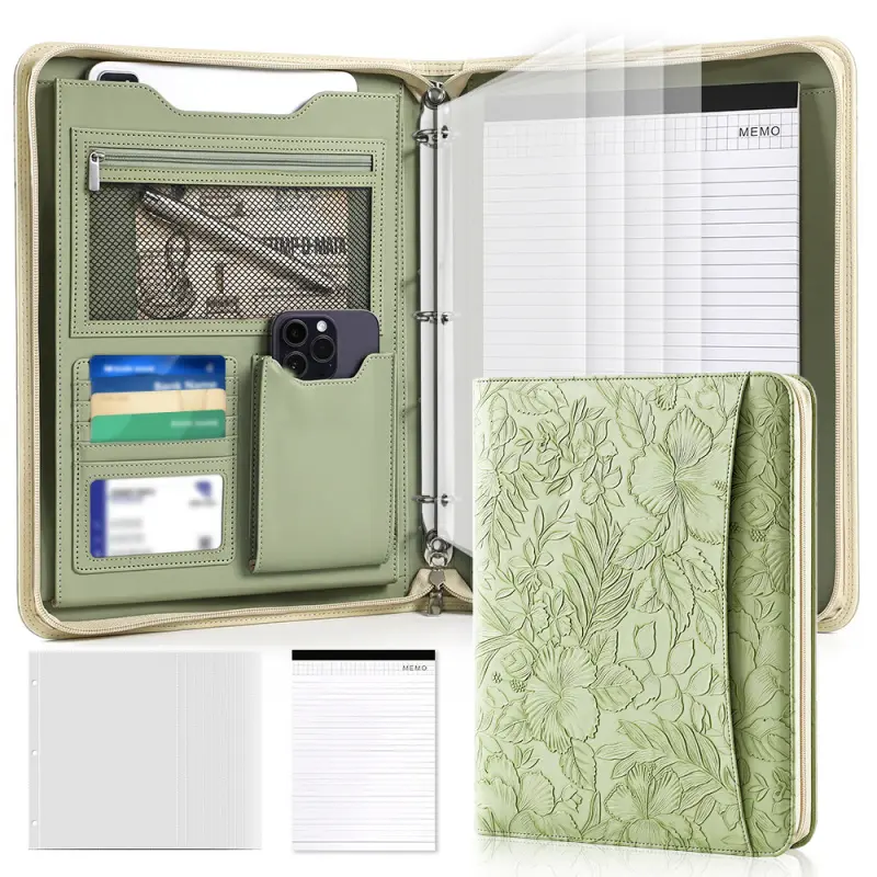 A4 Leather Multi - Function Hanging Wall Folder Business Contract Presentation Clip Office Document Manager Folder with Zipper for Phone Pen File Card Storage