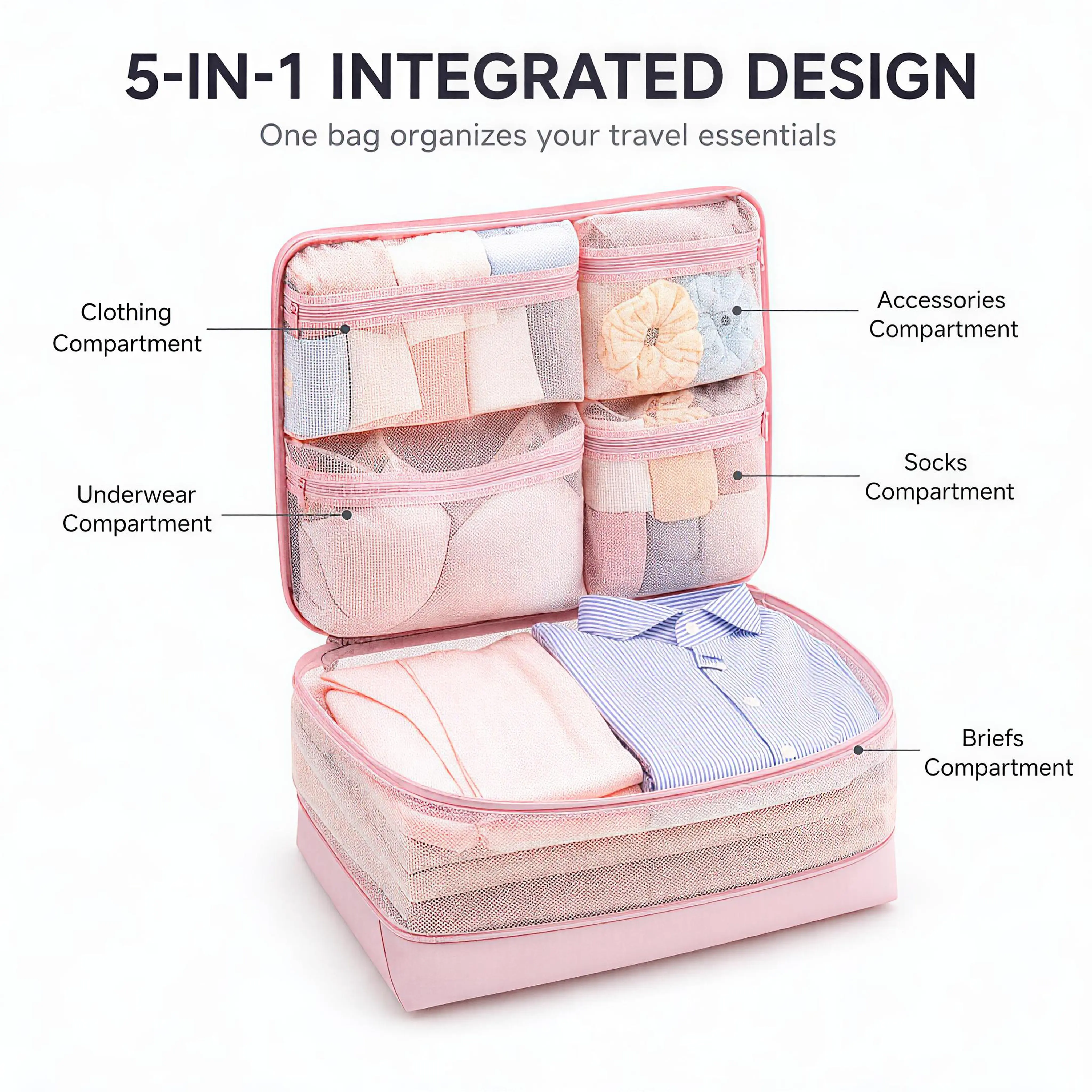 5-in-1 Compression Packing Cube, Hanging Luggage Organizer with 4 Compartments for Clothes and Underwear, Machine Washable Travel Suitcase Accessories