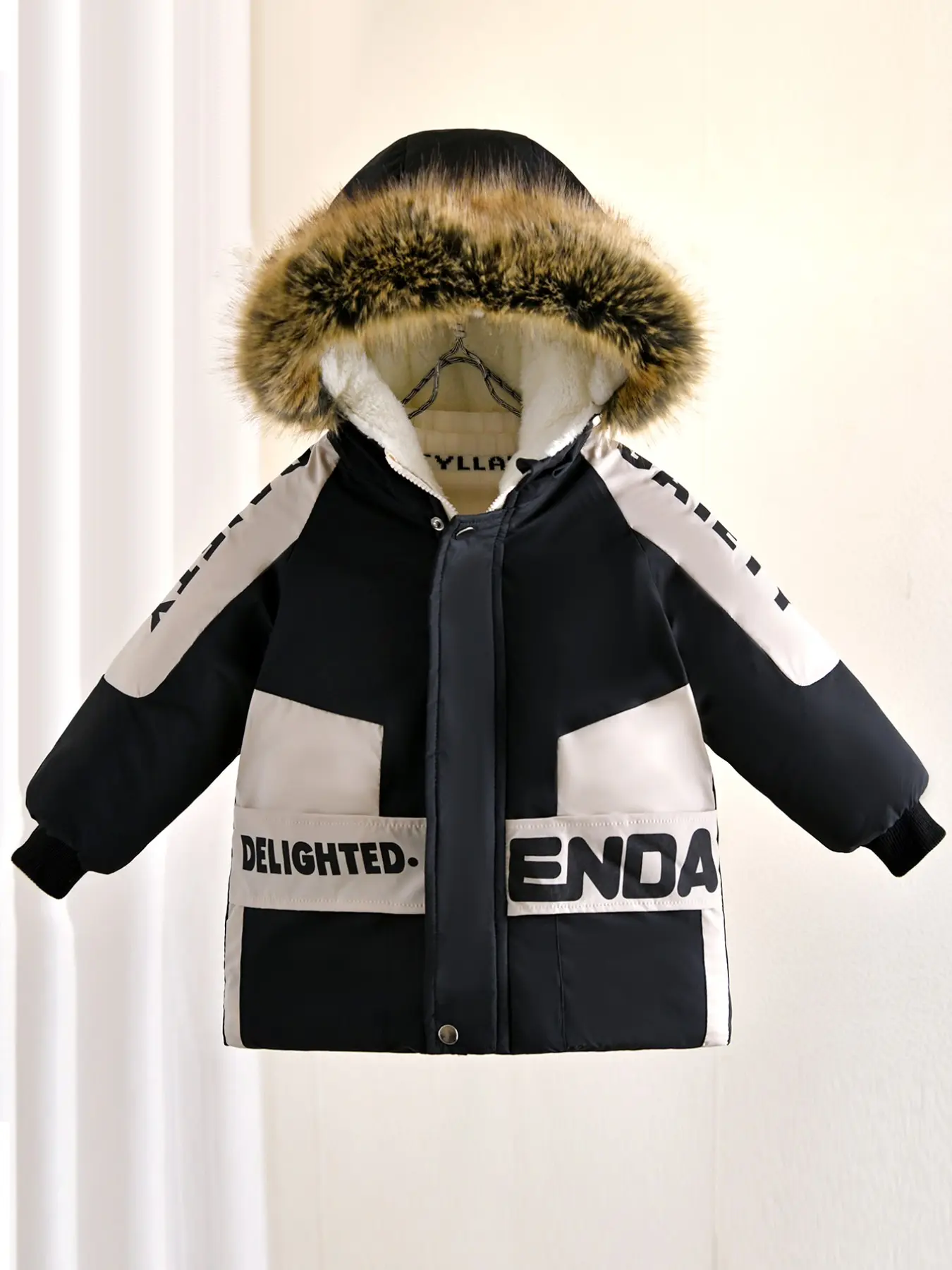 Boys' Winter Quilted Jacket, Thickened Warm Coat, Cartoon Print, Mandarin Collar, Long Sleeve, Fitted, Medium Length, Cute Style, Hooded Warm Coat