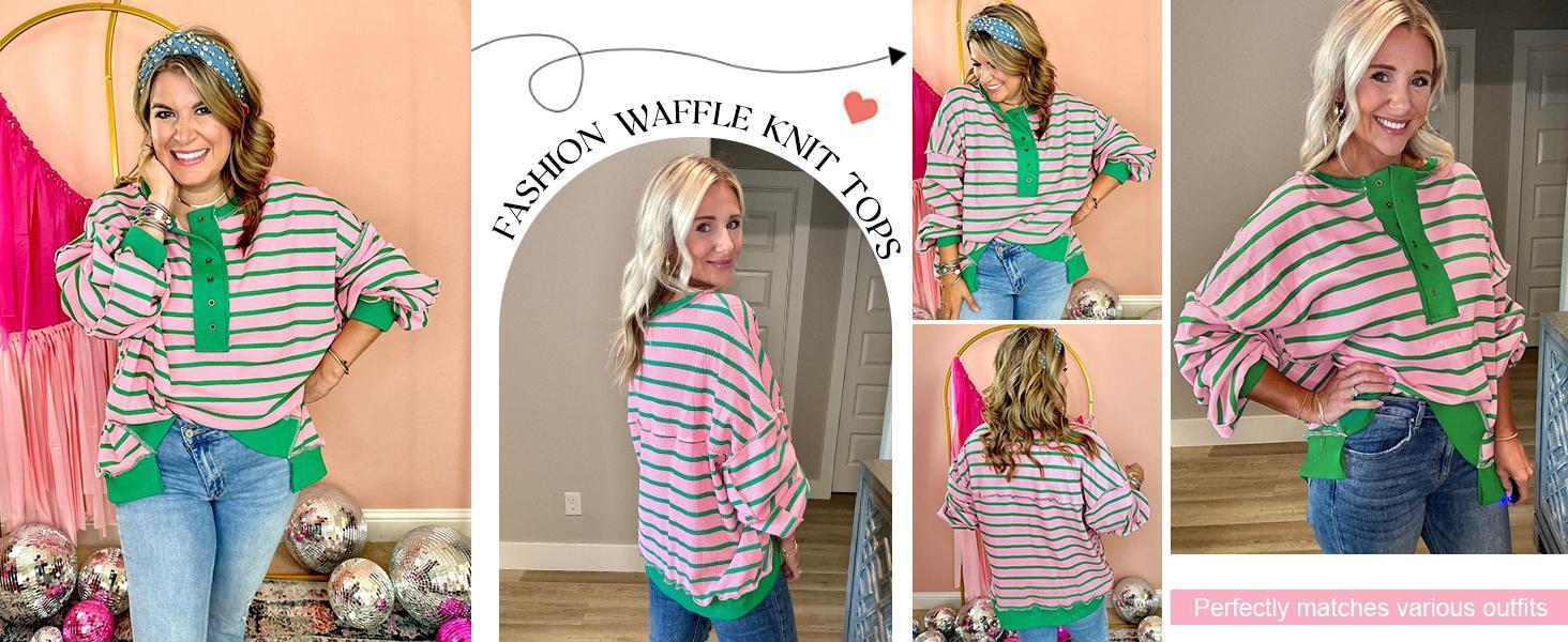 Imily Bela Womens Oversized Striped Sweatshirts Henley Shirts Color Block Casual Pullover Waffle Knit Tops