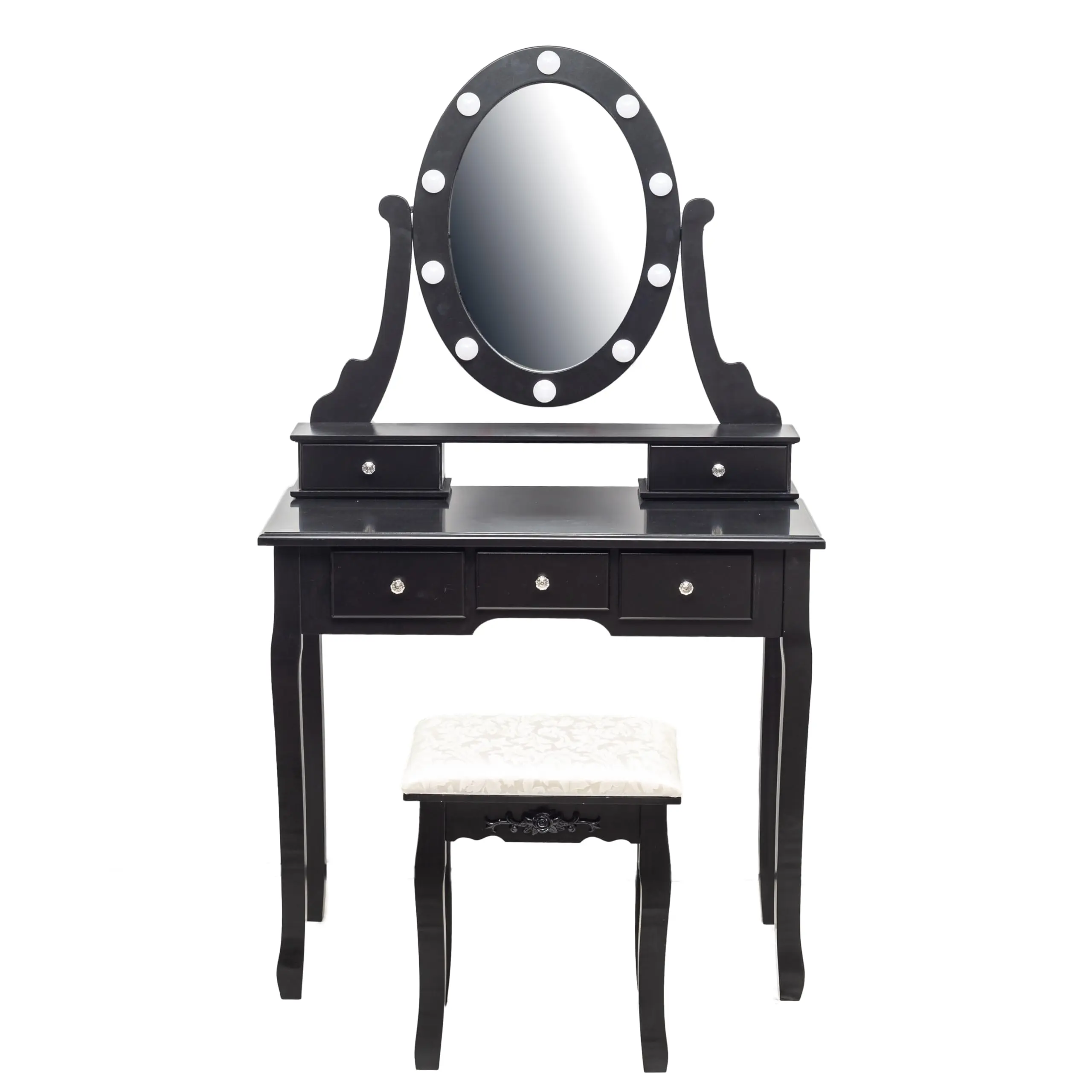 Makeup Vanity Desk with Oval Lighted Mirror, 10 Hollywood LED Bulbs, 360° Rotating Mirror, 5 Storage Drawers & Cushioned Stool, Detachable Makeup Table, MDF Dressing Table Set for Bedroom, Dorm, Apartment, Home, Girls, Teens & Women, Black/White