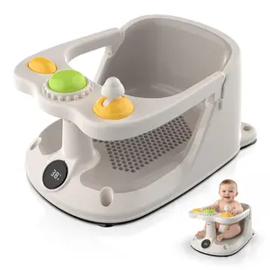 Baby bath seat with smart temperature display and detachable toy bar, non-slip suction cups, foldable infant sitting support for 6–24 months, newborn toddler shower chair