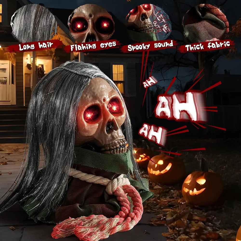 1PC Halloween Animatronic Decorations,Walking Ghost Head Deco,Creepy Moving Skeleton Prop with Sounds and Flashing Red Eyes,Voice-Activated Moving Skull Haunted House Prop for Halloween Outdoor Indoor Decor Lawn Ground Yard