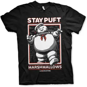 Ghostbusters Officially Licensed Stay Puft Marshmallows Mens T-Shirt (Black) Ghostbusters Stay Puft Marshmallows Retro Poster Graphic T-Shirt| 80s Horror Comedy Giant Marshmallow Man Fan Tee