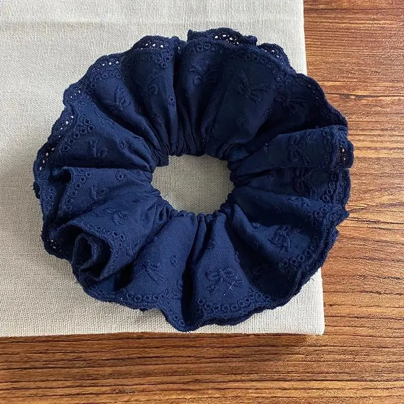 1PC Ballet-style Navy Blue Embroidered Bow Four-layer Cotton Scrunchie - Literary and Elegant Hair Tie for Bun Hairstyles