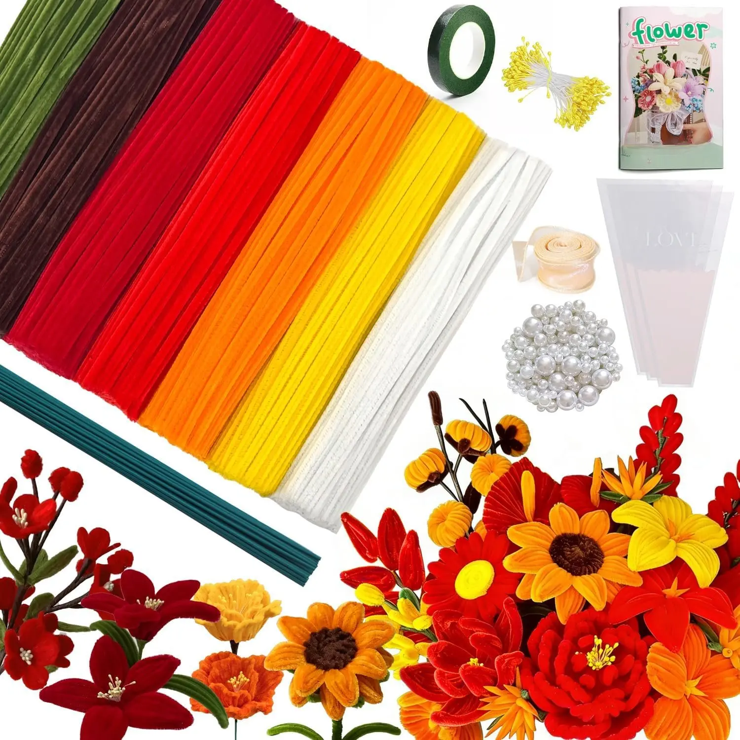 976-Count Pipe Cleaner Kit for Thanksgiving, Easter, Valentine's Day - 7 Colors Bulk Thick Chenille Stems with Stamen, Ribbon, Floral Wrapping Paper, Bouquet Booklet for DIY Flower Bouquet, Art Craft Supplies