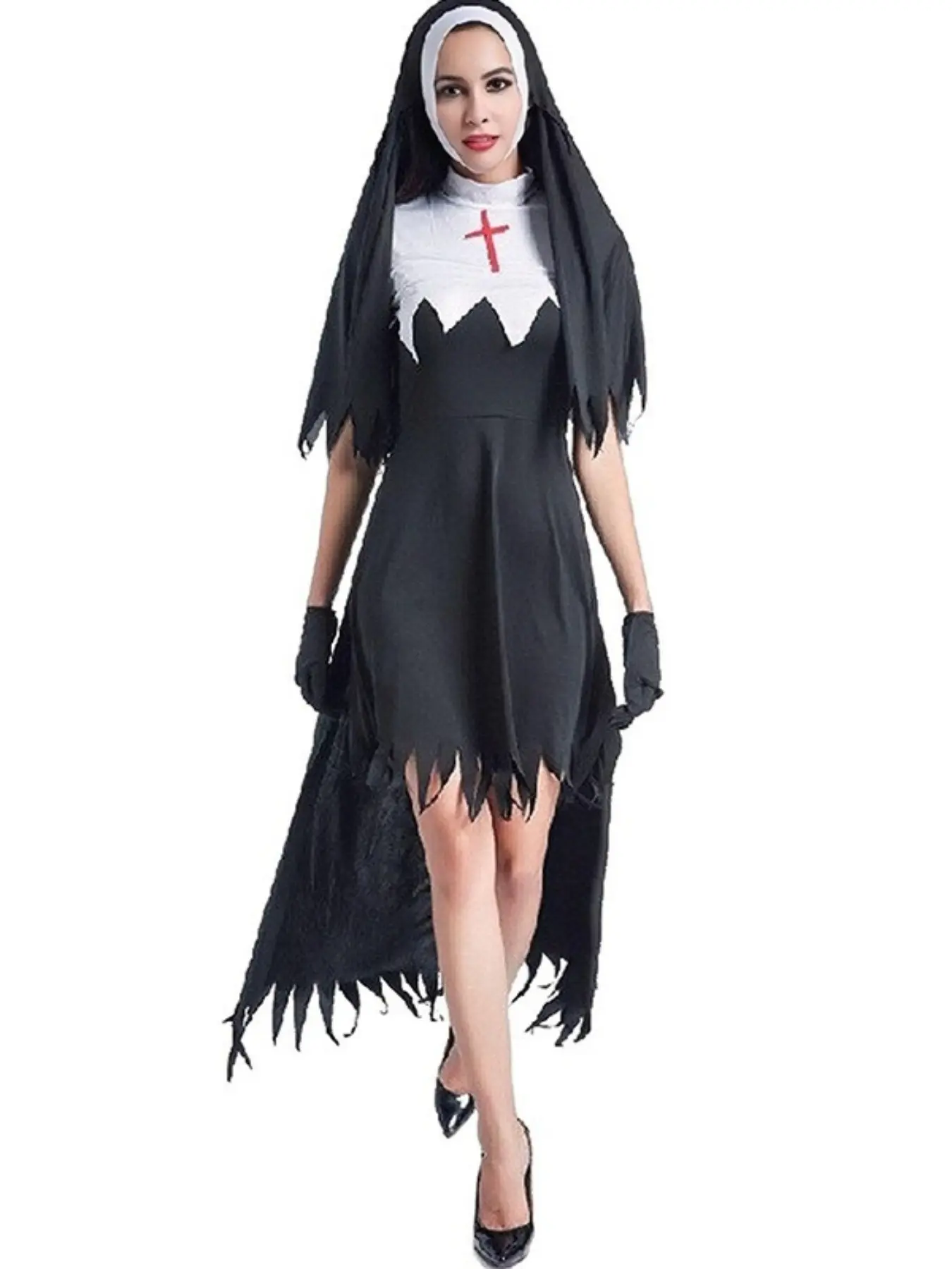Gothic Vampire Nun Role Play Dress Women Halloween Zombie Stage Outfit Costumes With Matching Headscarf Gloves Festival